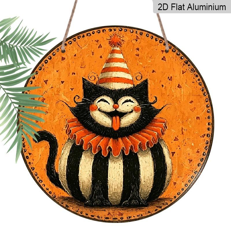 2D Flat 1pc/2pcs, Decorative Plaques and Ornaments Sign, Round Aluminum Vintage Halloween Clown Black Cat Hanging Sign, Smiling Tongue Out Cat Wall