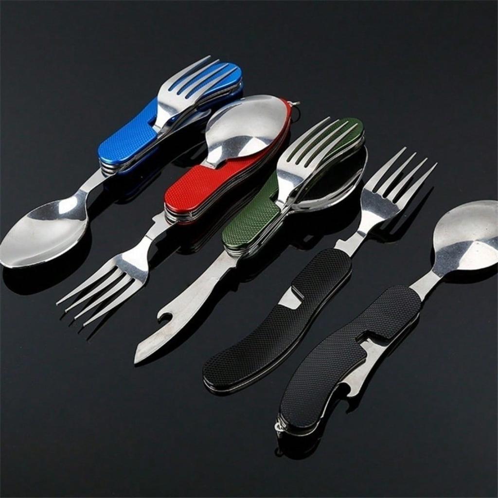 Couverts Multifonction 4 en 1 pour Extérieur Fourchette/Cuillère/Couteau/Ouvre-Bouteille, Kits de Poche Pliants en Acier Inoxydable pour Camping Randonnée Survie Voyage