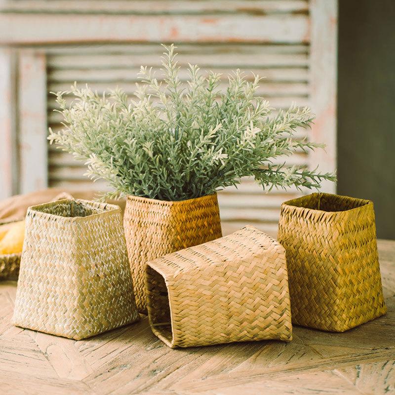 1Pc Retro Handmade Woven Vase Home Decoration Imitation Rattan Flower Vase Plant Potted  Flower Basket Home Storage Organizer