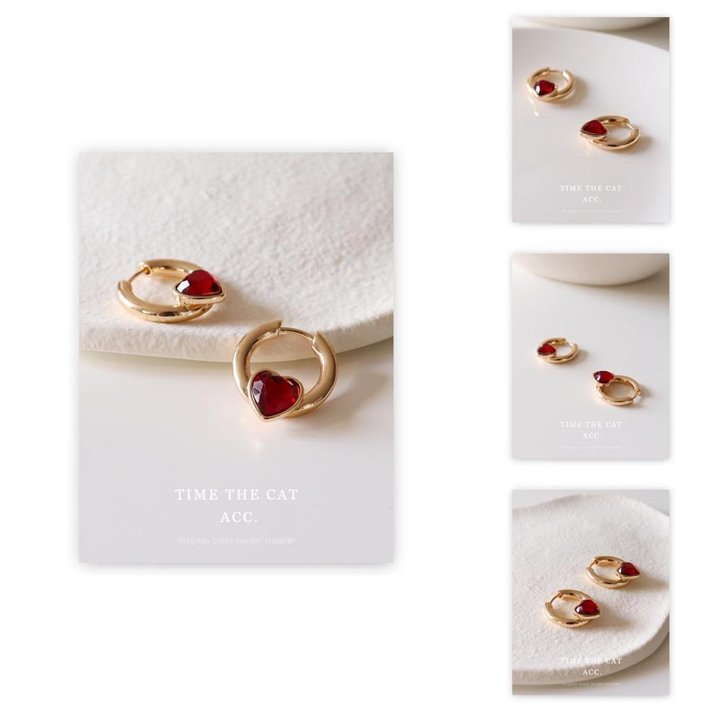 Copper Trendy Geometric Plated Gold Earrings With High Color Retention Red Glass Gemstone