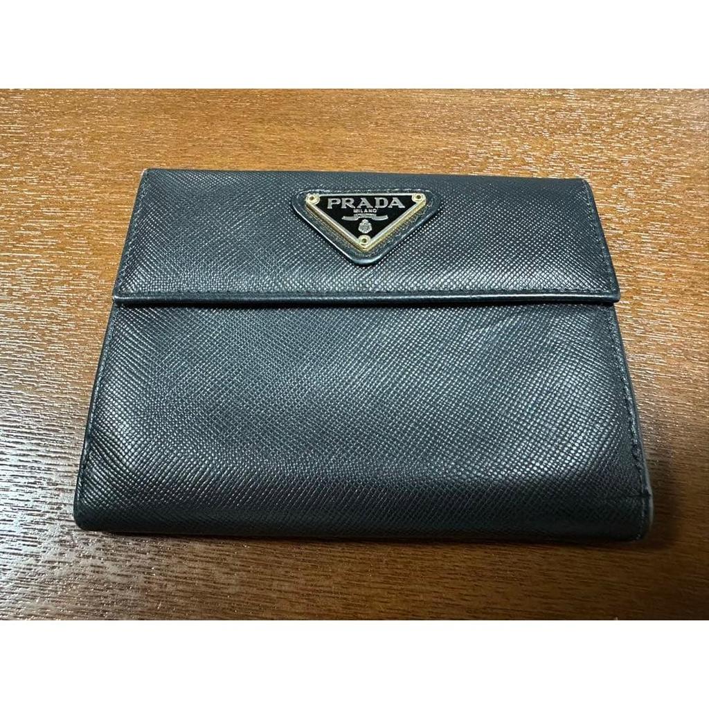 Used PRADA Black Leather Bifold Wallet Saffiano Leather Triangle Logo