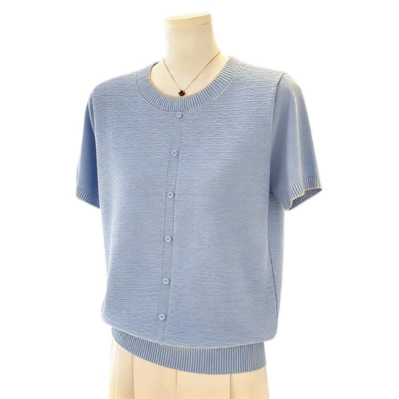 Elegant Summer Knit Top: Ice Silk Short-Sleeve T-Shirt for Stylish Moms and Seniors