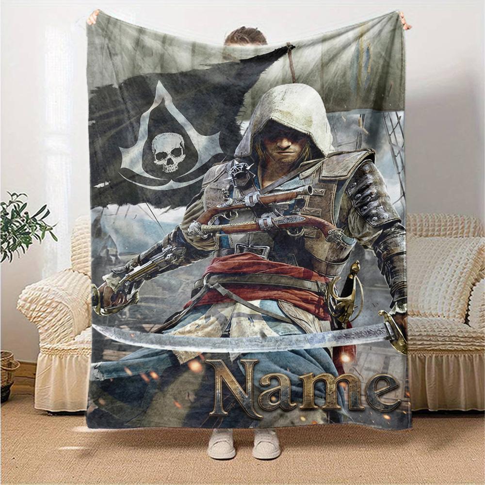 Koc z nadrukiem w stylu Assassin's Creed z imieniem na zamówienie Idealny na kanapę, łóżko, podróże, do użytku na zewnątrz Można prać w pralce Przytulny Trwały