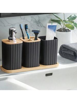 4Pcs Bathroom Set Soap Dispenser Toothbrush Cup and Bamboo Tray Set Countertop Toiletries Storage Set for Farmhouse Bathroom Dec