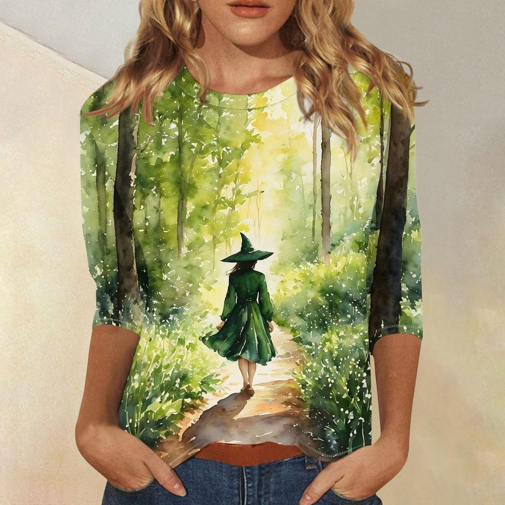 Women's Fashion Casual 3/4 Sleeve Halloween Print Neck Blouse