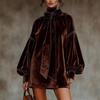 2025 Velvet High-Neck Mini Dress with Bow and Puff Sleeves