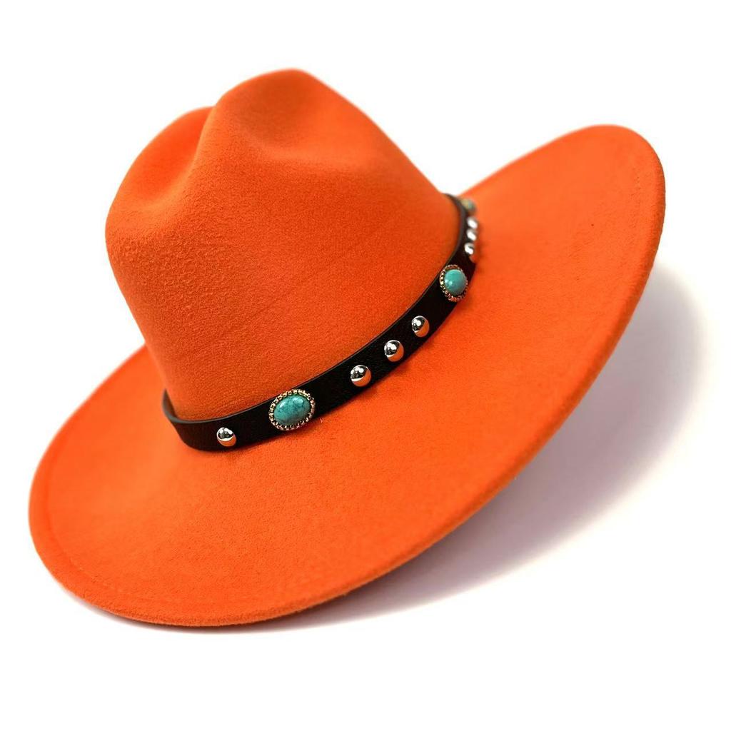 New Western Cowboy Hat, Black Woolen Jazz Top Hat, Four Seasons Men'S And Women'S Turquoise Crimped Felt Hat