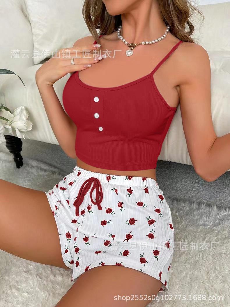 

Hot-selling sexy loungewear in Europe and America, suspender shorts, pit strips, floral can be worn outside, two-piece summer women S красный