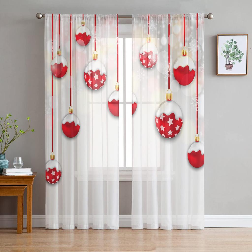 Christmas Curtain Bedroom Living Room Cafe Xmas Santa Claus Chiffon Voile Window Drapes Treatments Light Filtering Polyester Ideal For Great