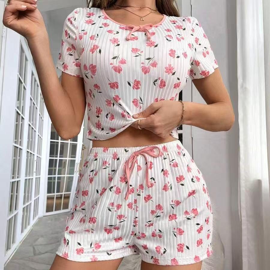 European & American Sexy Floral Print Rib-Knit Pajama Set with Camisole and Shorts