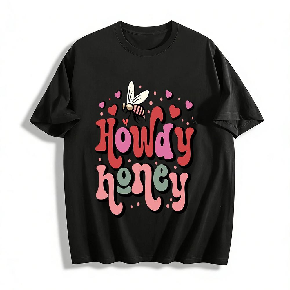Retro Howdy Honey Bee Heart Print Casual Short Sleeve Top Pure cotton T-shirt XXS