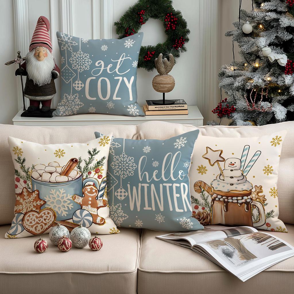 1/4Pcs Blue Christmas Pillowcase, Gingerbread Man Cotton Candy Hot Drink Cup Design Cushion Cover, Christmas Decoration