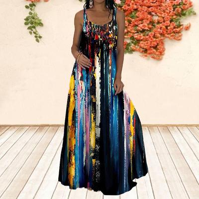 Women's Slip Dress Maxi Long Dress Blue Graffiti Print Dress Spring & Summer V Neck Leisure Vacation