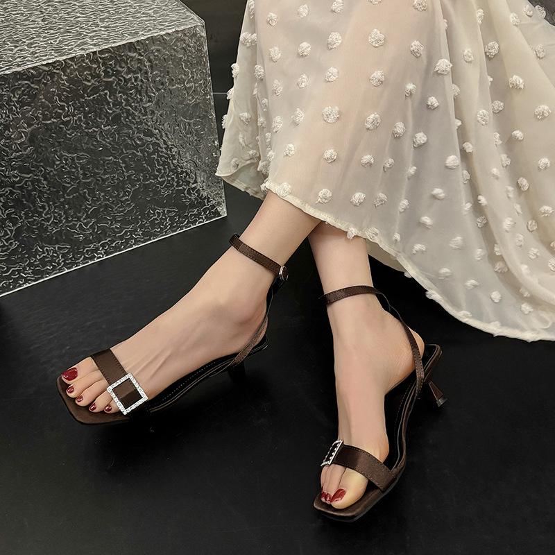Fashion Square Toe Women's Sandals Crystal Mid Heels Shoes Buckle Fashion Dress Pumps 2025 Slingback Shallow Summer Sandalias De Mujer