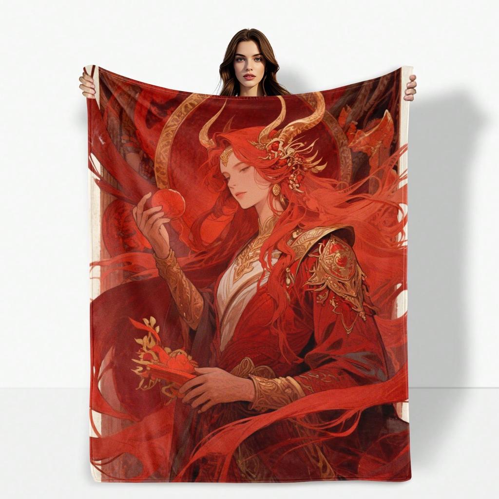 Red Earth Tone Decorative Throw Blanket With Mythical Inspired Illustrations For Warmth And Artistic Home Ambiance Featuring
