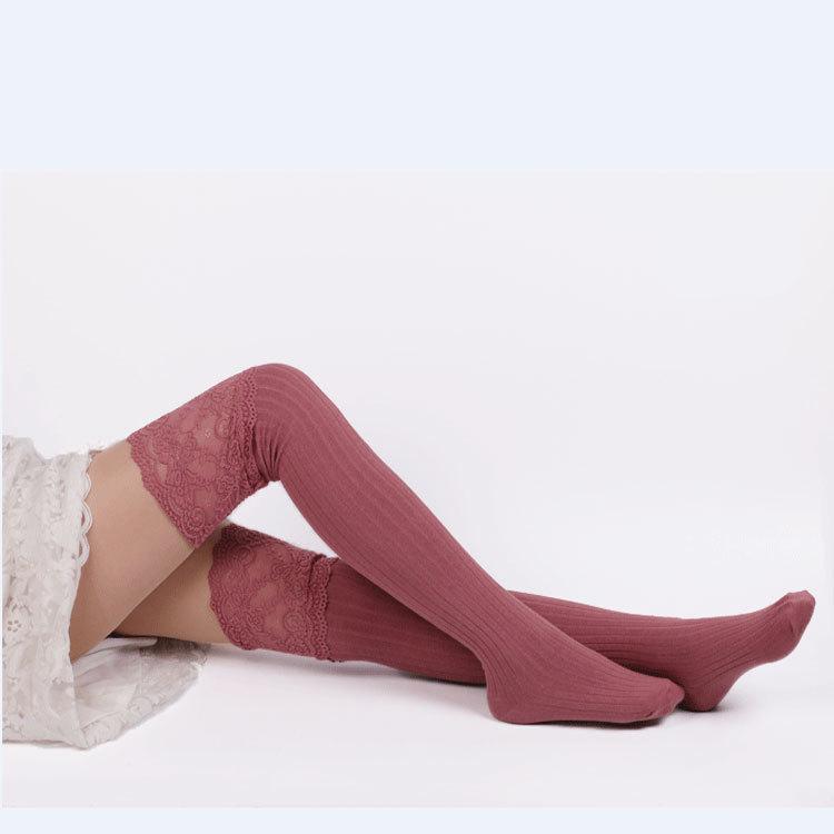 Japanese-Style Lace Trim Thigh-High Knit Cotton Socks for Women - Autumn/Winter Slouch Design