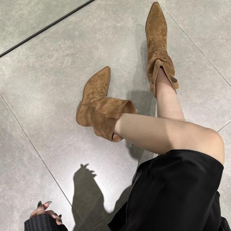 Coarse heel pointed Martin boots women's autumn 2024 new fashion temperament pleated pile boots western short boots