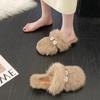 Closed-Toe Rhinestone Rabbit Fur Mule Slippers for Women, Trendy 2025 Outdoor Style