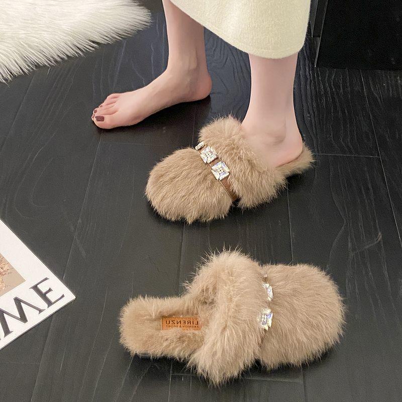 Mules mit Strass und Kaninchenfell mit geschlossener Zehe für Damen, Trendiger Outdoor-Stil 2025