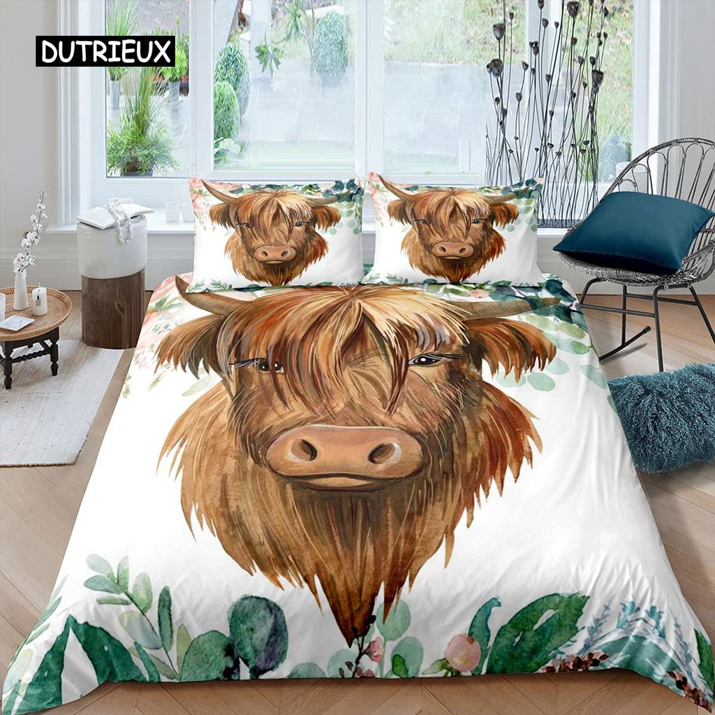 Highland Cow Duvet Cover King Sunflower Black Cattle Bedding Set Microfiber Farm Animal Cow Western Farmhouse Cattle Quilt Cover