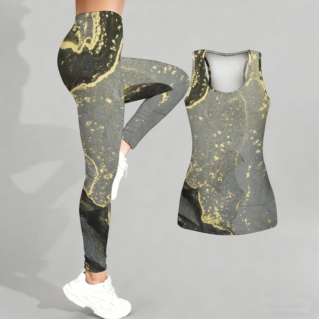 Marble Veining Printed Yoga Outfit for Women Fashion Workout Leggings Fitness Sports Casual Yoga Set Sports Suit