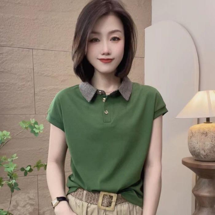 

Летняя одежда для женщин, одежда для мам, рубашка-поло, закрывающая живот, модная однотонная повседневная свободная футболка с лацканами для женщин 3XL зелёный