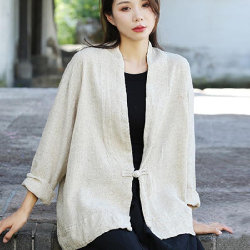 

Осенняя женская винтажная однотонная рубашка Johnature с v-образным вырезом, свободные льняные рубашки с длинными рукавами One Size бежевый