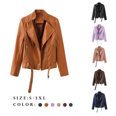 Belted Street Trendy Leather Jacket Long-sleeved Spring and Autumn Thin Women's Jacket V-neck PU Jacket