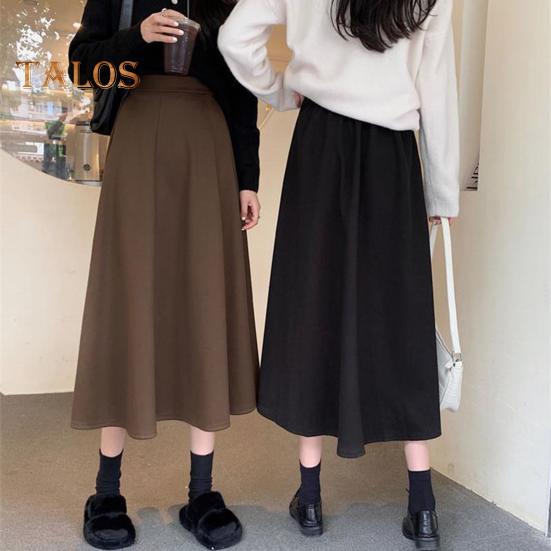 Women Midi Skirt High Waist A-Line Skater Skirt Solid Color Large Hem Commuting Style Office Lady Skirt Workwear
