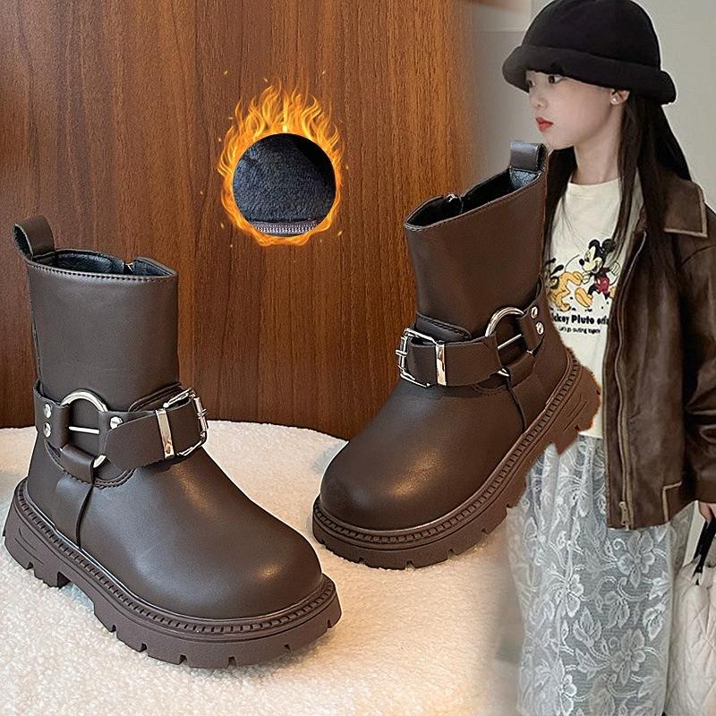 Children Leather Boots Suede Warm Kids Boots Korean Style Versatile Autumn Winter Girls Princess Boots Round Toes