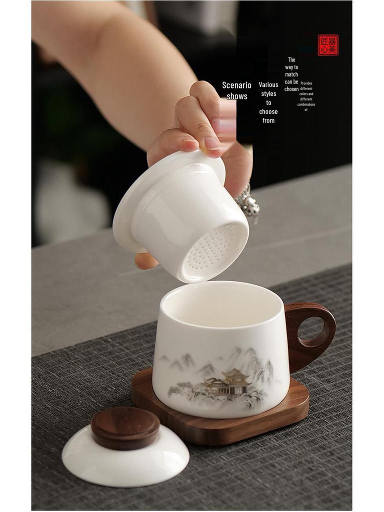 Dehua White Porcelain Tea & Coffee Mug with Lid - Ceramic Cup for Tea & Water Separation, Ideal for Office & Personal Use.