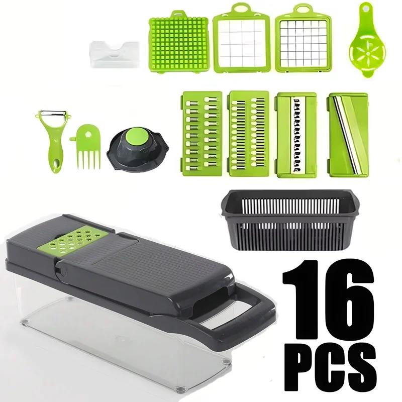 16 in 1 Handheld Slicers Dicers Graters Multifunctional Vegetable Chopper Kitchen Food Tool with Container Safety Guard 2
