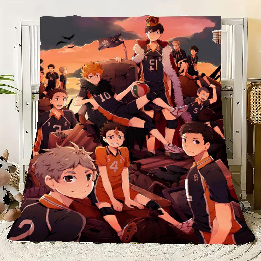 Haikyuu!! Anime Volleyball Team Blanket - Vibrant Sunset Scene with Dynamic Characters In Black and Orange Uniforms, Perfect for