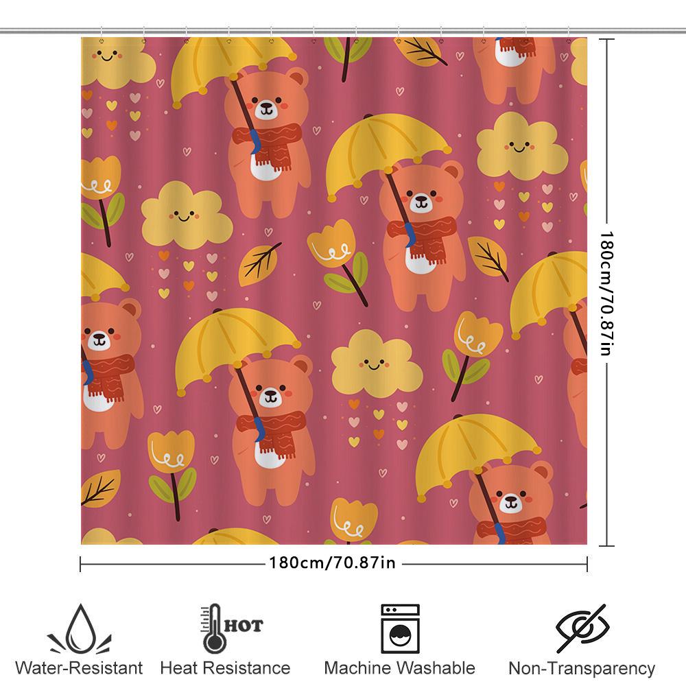 Adorable Animal Umbrella Shower Curtain Set For Bathroom Decor With Fall Colors Pink, Yellow Orange Floral Pattern Perfect Gift