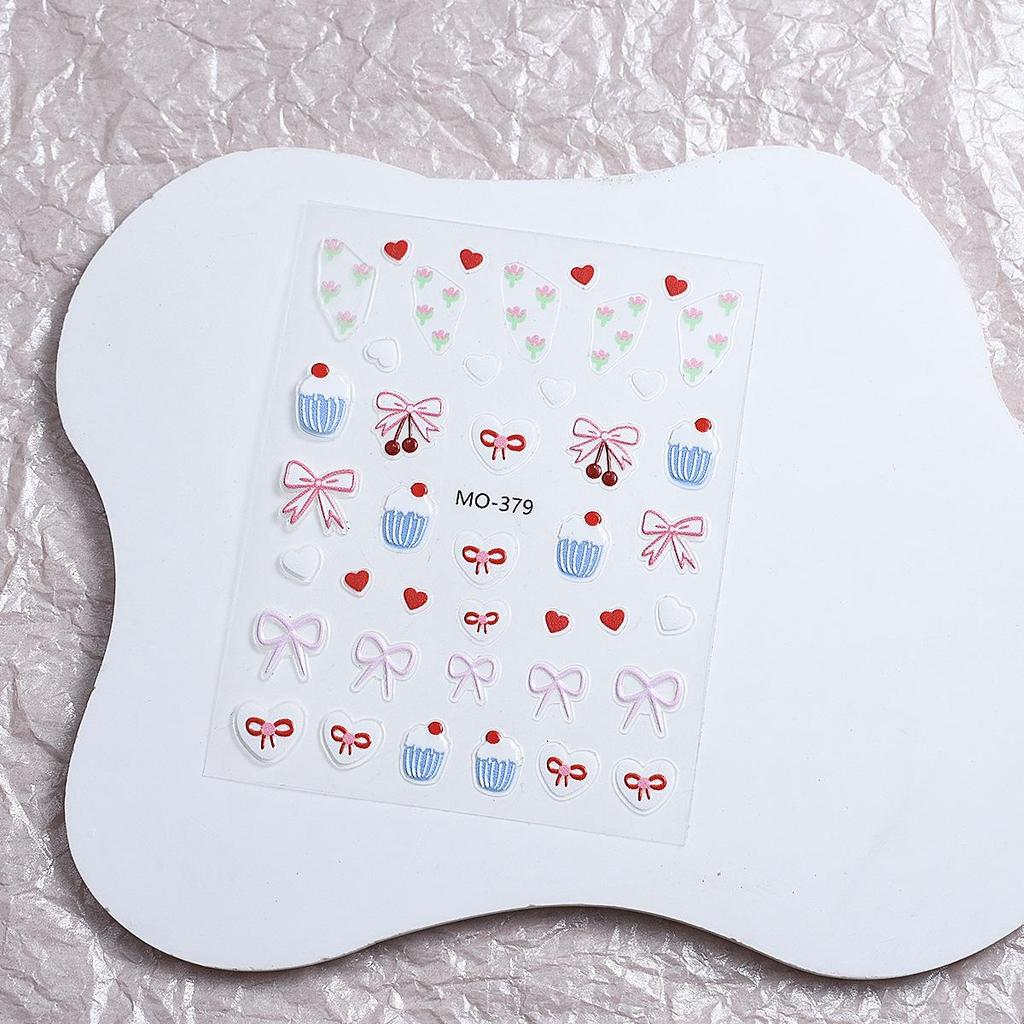 3D Cute Bow, Cherry, and Heart Embossed Nail Stickers - Self-Adhesive Decals