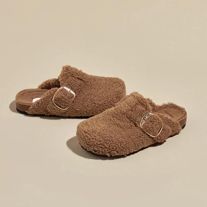 Fashion Warm Thicken Lamb Wool Birken Slippers Women 2024 Winter Fur Flat Mules Shoes Woman Brand Designer Thick Bottom Outdoor Slides