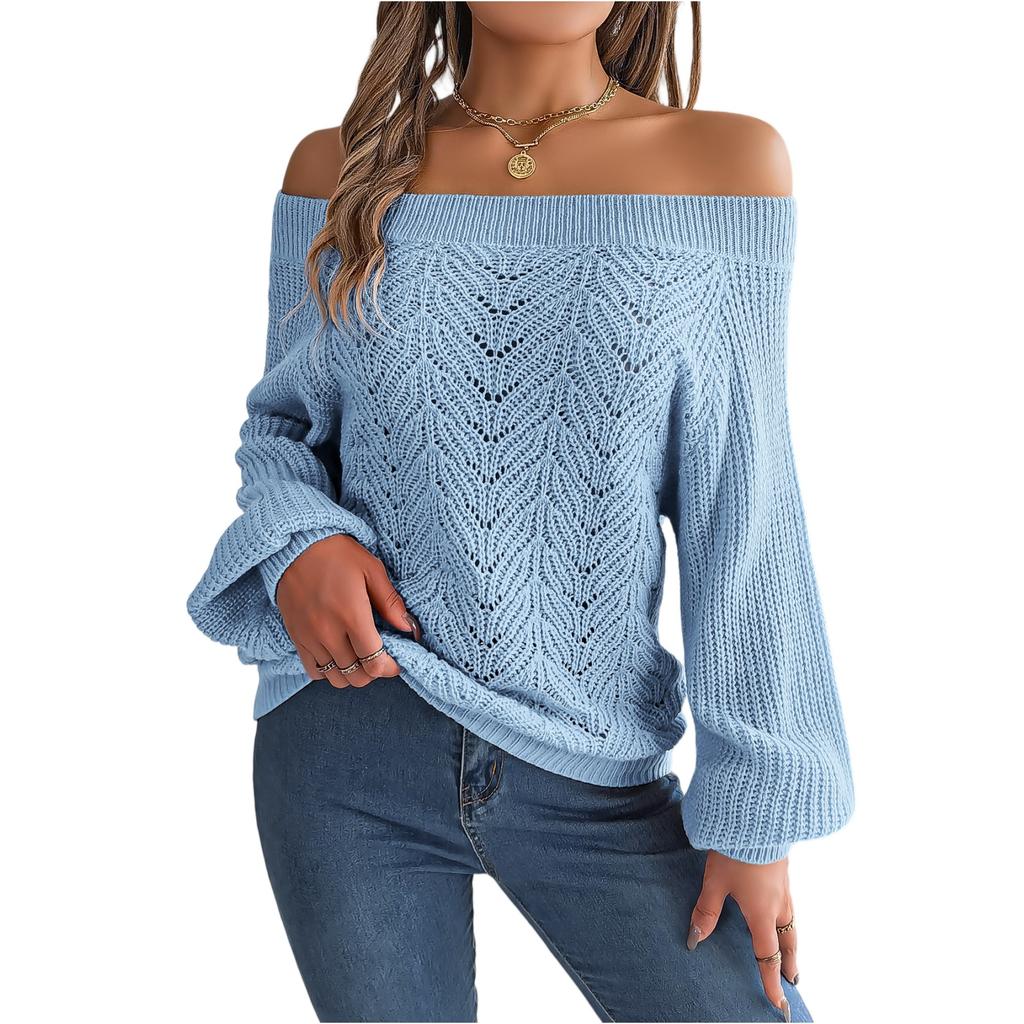 Women's Casual Fashion Solid Color Hollow Neck Off-shoulder Long-sleeved Sweater