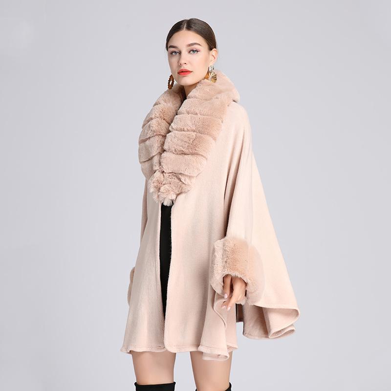 

Зимняя женская шаль, накидка с меховым воротником, большой размер, вязаный темперамент, элегантный кардиган, свободная куртка One Size розовый