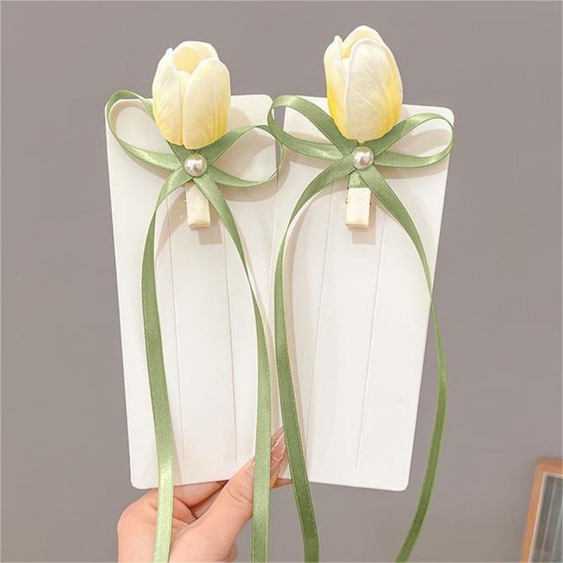 4PCS Korean Hair Accessories Sweet Pink Tulip Flower Clip Pearl Bow Duckbill High-end Fabric Elegant Casual Girl's Headwear 2025 New