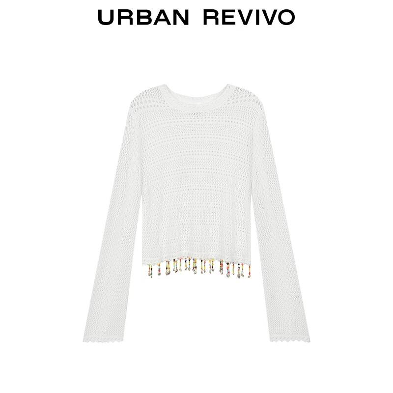 UR Women's Hollow-Out Beaded Tassel Cotton Knit Sweater