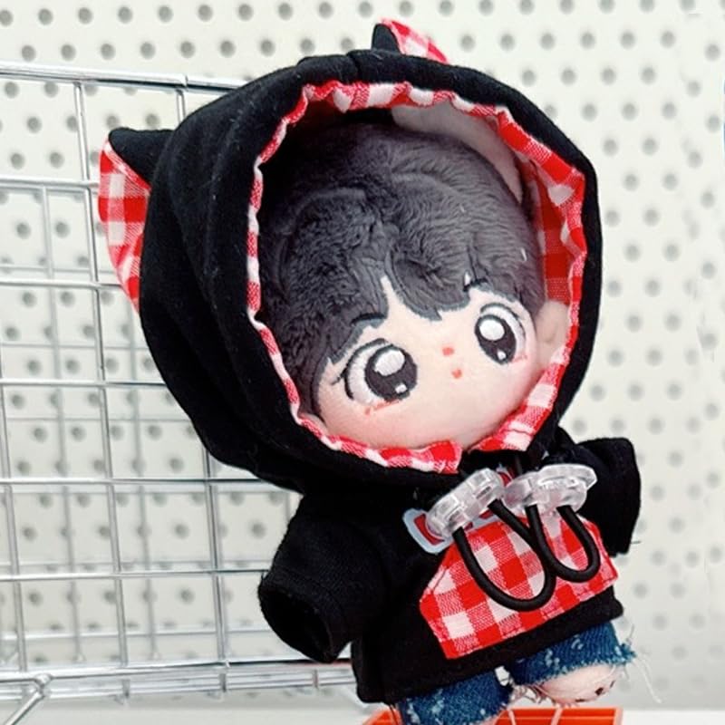 Gingham Check Cat Ear Hoodie for 10cm Plush Toys, Black [Used]