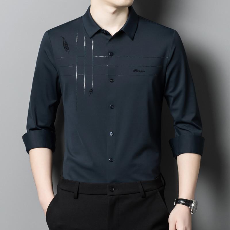 Gestreiftes Revers Wollhemd für Herren Frühling und Herbst Neues Temperament Großzügig Hübsch Langärmlig Bedrucktes Businesshemd Tide