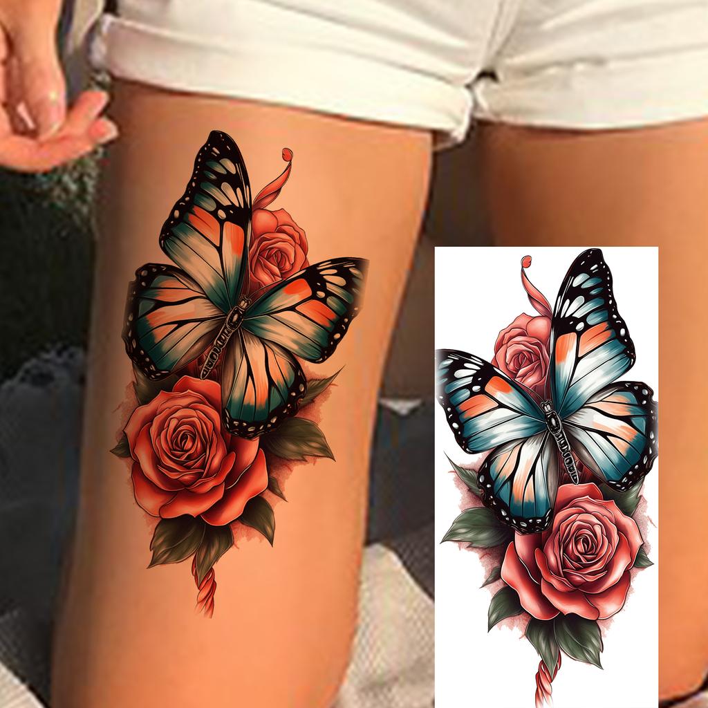 1 Sheet Butterfly Watercolor Flower Tiger Temporary Tattoos For Women Men Adults Fake Phoenix Parrot Lotus Tattoo Sticker Sleeve