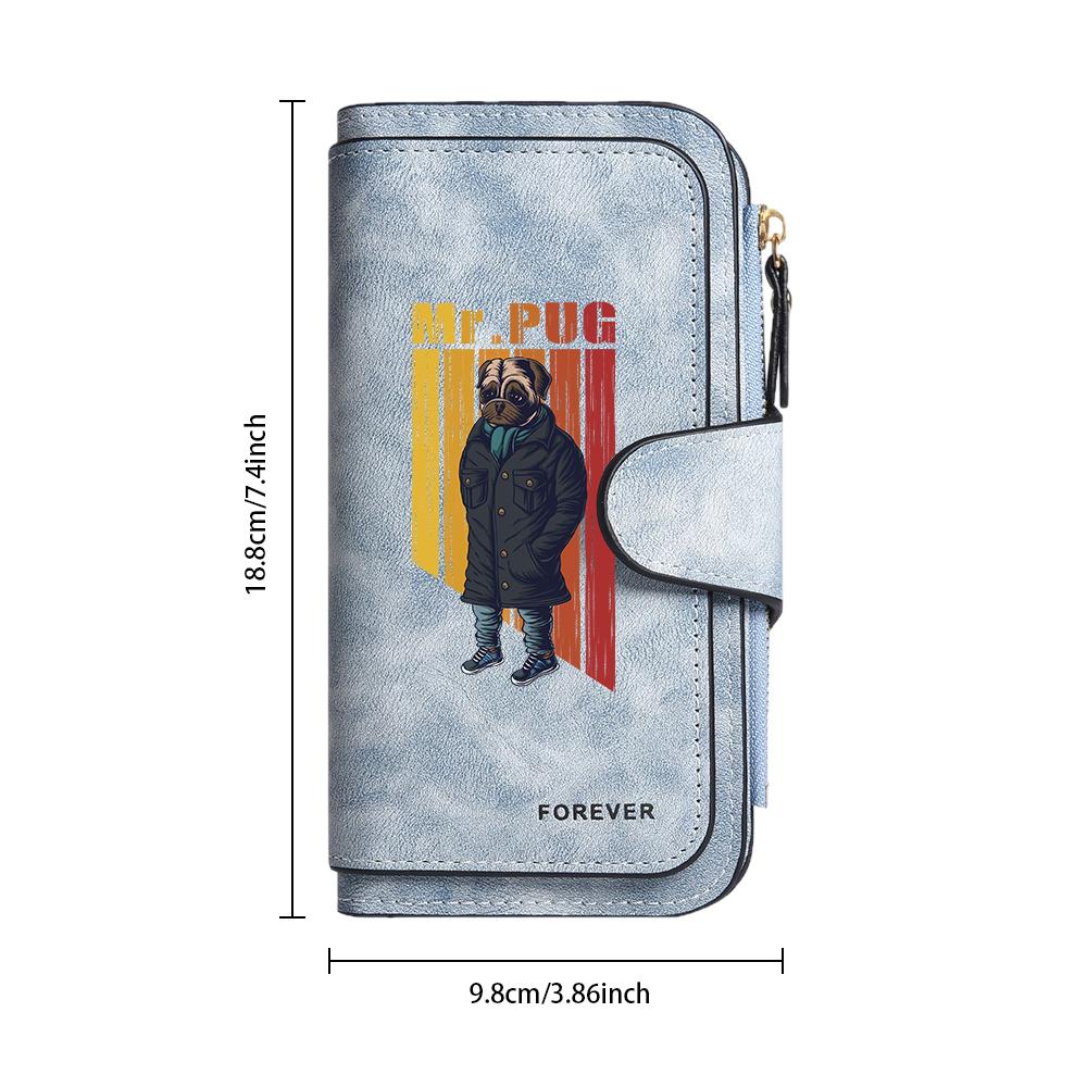 Fashion Cool Mr.Pug Printed Long Wallet Portable Multi Slot PU Leather Card Holder Casual Daily Use Clutch for Men Women