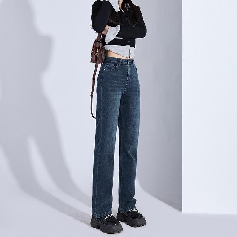 Autumn Winter High Waist Vintage Slim Straight Smoke Pipe Denim Pants Women Casual Pants Oversize Denim Trousers
