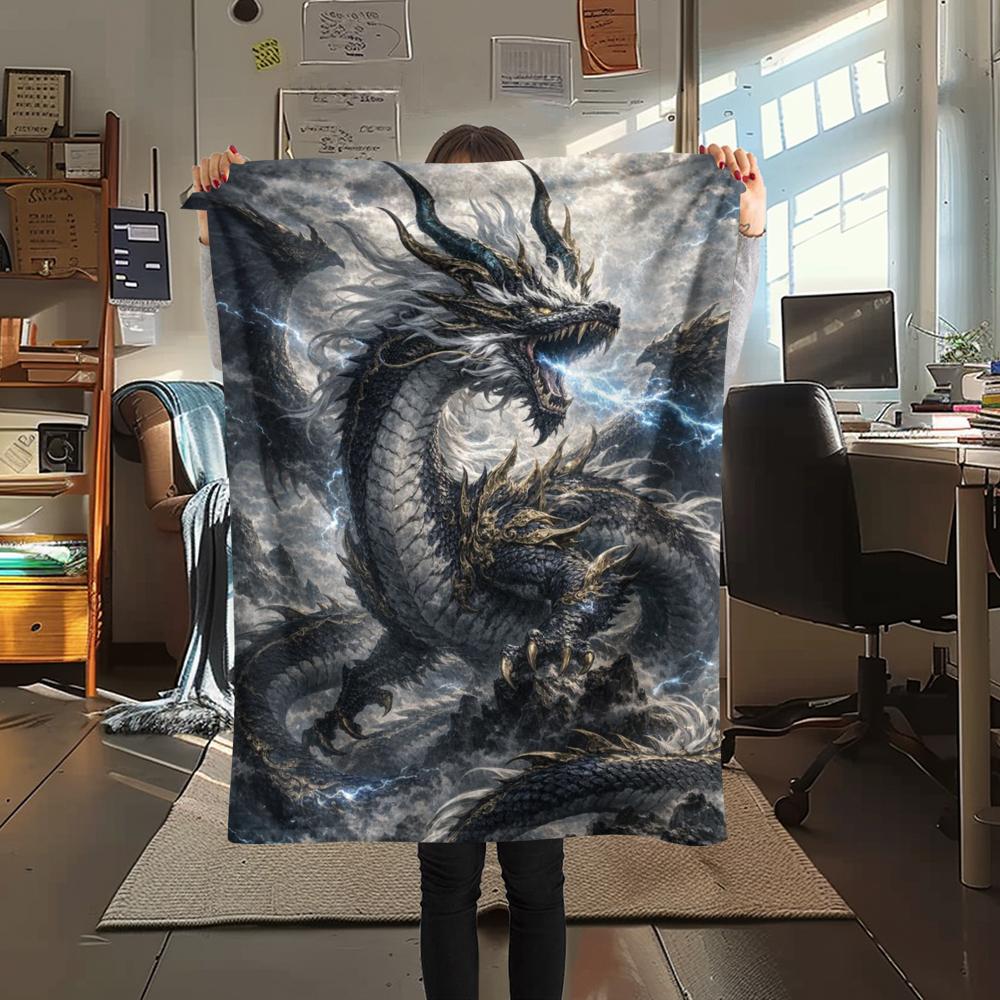 1Pc Fantasy Dragon Print Flannel Blanket, High Quality Comfortable for All Seasons, Home Decor, Warmth and Comfort, Perfect for Gifts