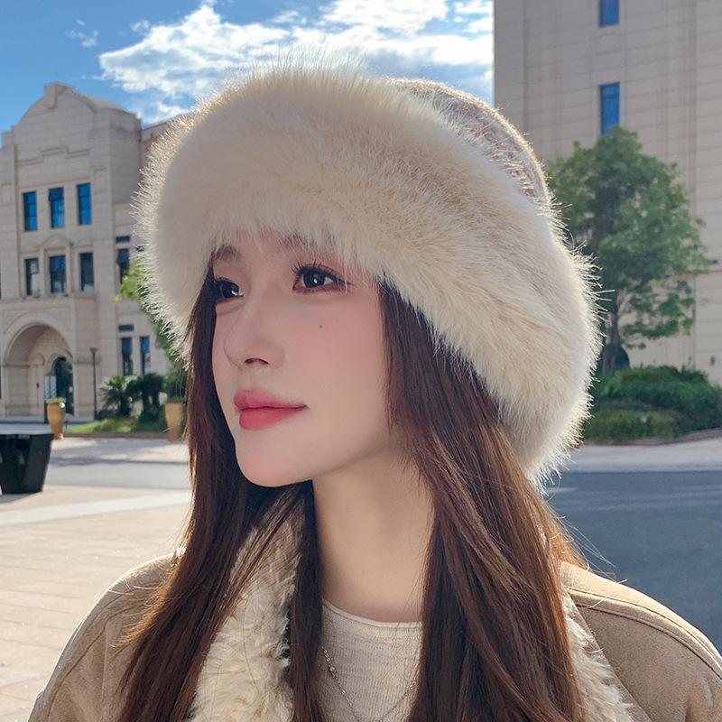Imitation Mink Fur Straw Hat Women's Autumn and Winter Plush Bucket Hat Warm Ear Protection Mongolian Hat Basin Hat