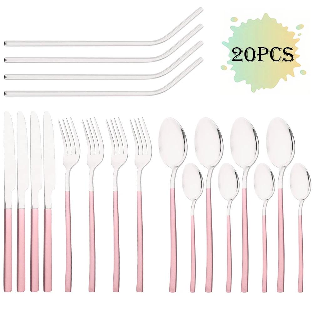 20Pcs/Set Rose Gold Cutlery Set Stainless Steel Tableware Knife Fork Spoon Straw Dinnerware Set Kitchen Flatware Silverware
