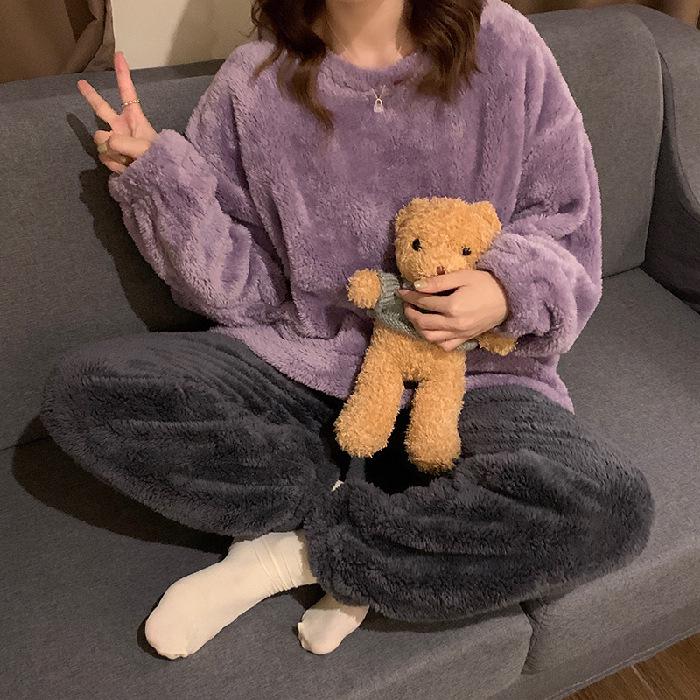 Women's Winter Plush Pajamas Set: Long-Sleeve, Solid Color, Thick Coral Fleece for Home or Outdoor Wear