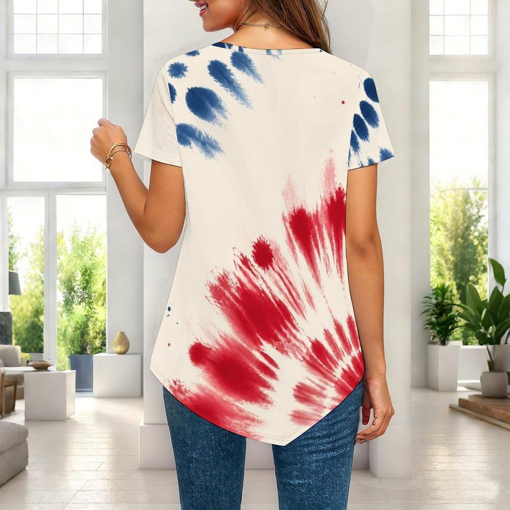 Women Plus Size Short Sleeve Asymmetric Hem Top Multi Point Star Sparkle Patriotic Print Blouse
